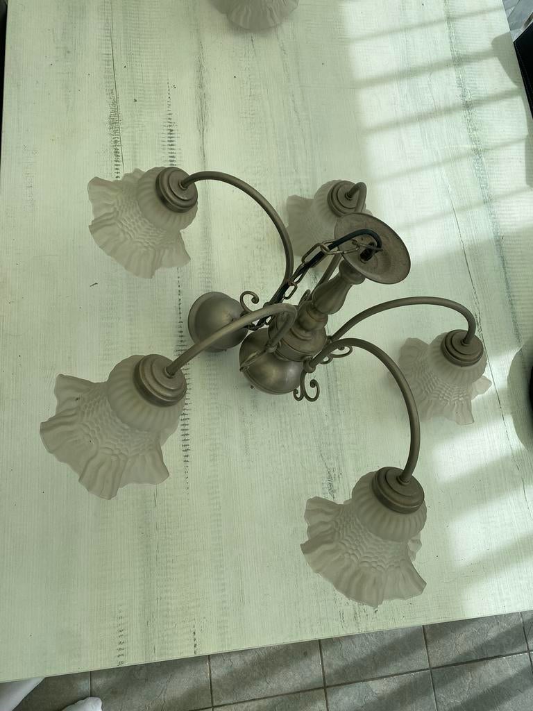 Lustre vintage à 5 tulipes en verre, Maison & Meubles, Lampes | Lustres, Enlèvement, Comme neuf, Verre