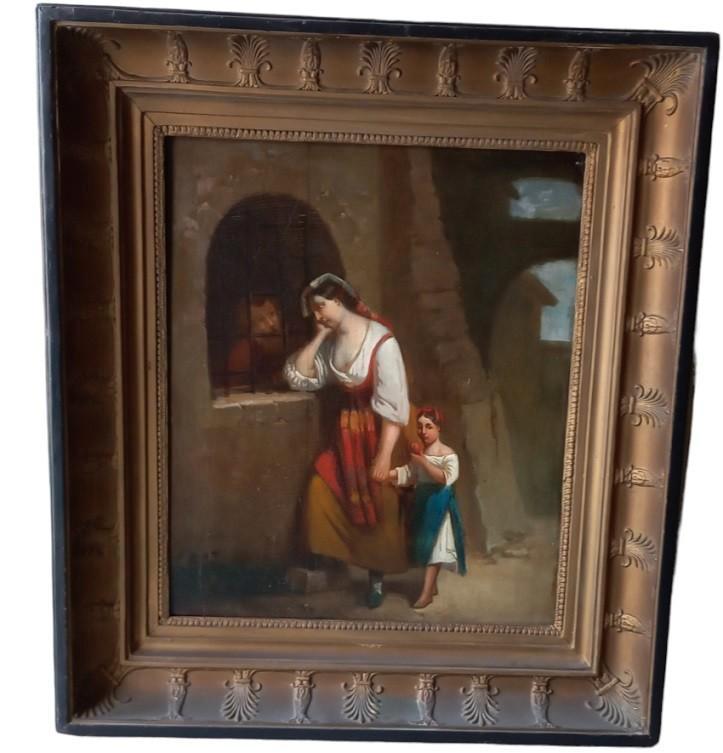 19de eeuws paneel "bezoek aan een gevangene", Antiek en Kunst, Kunst | Schilderijen | Klassiek, Ophalen of Verzenden