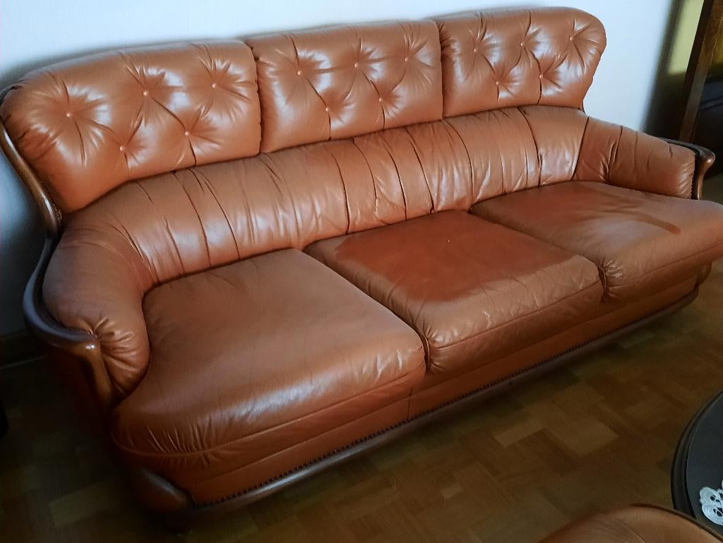 Engelse 3zitbank in cognackleur, Maison & Meubles, Canapés | Salons, Comme neuf, Banc droit, Trois personnes, 200 à 250 cm, 100 à 125 cm