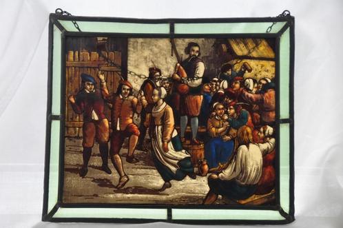 glas in lood - Bourgondisch tafereel - dans en muziek, Antiek en Kunst, Antiek | Glaswerk en Kristal, Ophalen of Verzenden