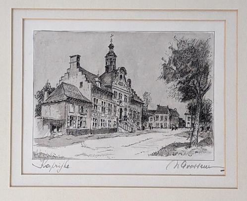 Goossens? - tekening stadhuis kaprijke - aquarel, Antiek en Kunst, Kunst | Tekeningen en Fotografie, Ophalen of Verzenden