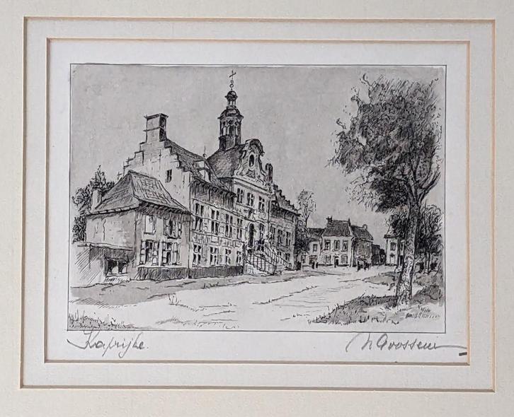 Goossens? - tekening stadhuis kaprijke - aquarel, Antiek en Kunst, Kunst | Tekeningen en Fotografie, Ophalen of Verzenden