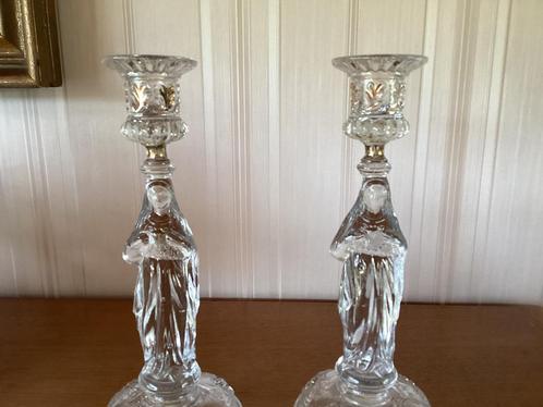 2 Kaarsenhouders: Maria uit  glas helder glas, Antiek en Kunst, Antiek | Kandelaars, Glas, Ophalen of Verzenden