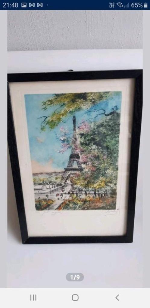 Ets kleur Parijs Eiffeltoren gesigneerd, Antiek en Kunst, Kunst | Etsen en Gravures, Ophalen of Verzenden