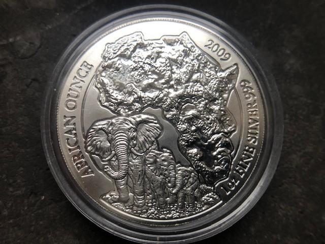 2009 Ruanda Rwanda - Elephant - 1 oz silver, Timbres & Monnaies, Métaux nobles & Lingots, Argent, Enlèvement ou Envoi