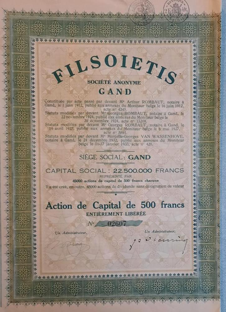 Filsoietis - Gand - 1933, Postzegels en Munten, Aandelen en Waardepapieren, Aandeel, 1920 tot 1950, Ophalen of Verzenden