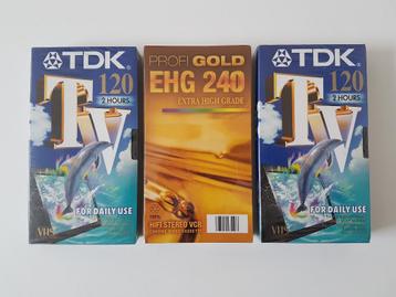 3 videocassettes VHS verzegeld TDK 120 Profi Gold 240