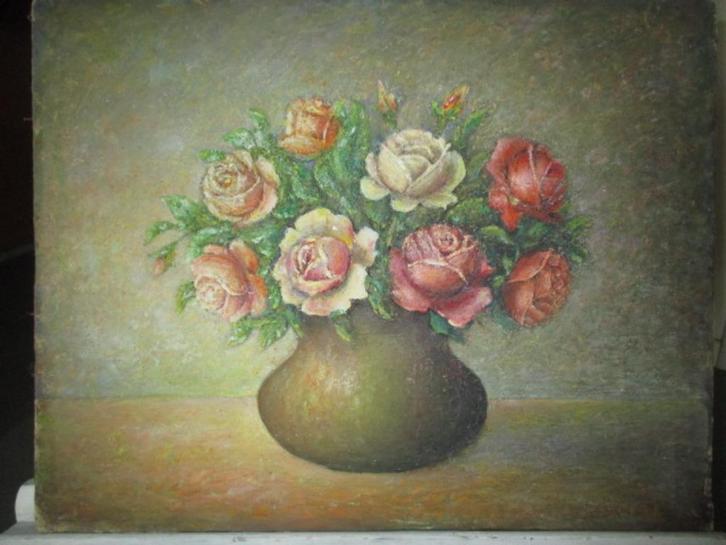 Schilderij van bolle vaas met rozen, op doek, zonder kader, Antiek en Kunst, Kunst | Schilderijen | Klassiek, Ophalen of Verzenden