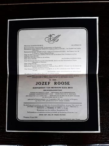 rouwbrief van Jozef Roose  ere schooldirecteur WINGENE, Verzamelen, Ophalen of Verzenden