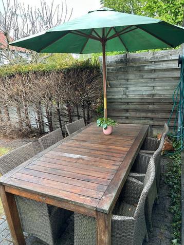 morati tuinset met 6 rieten stoelen en parasol, Tuin en Terras, Ophalen, Gebruikt