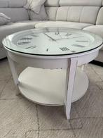 Table de salon ronde en verre et bois blanc avec horloge, Glas, Rond, Gebruikt, 50 tot 75 cm