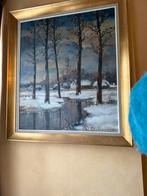 Prachtig wintertafereel in goudkleurig kader, Antiek en Kunst, Kunst | Schilderijen | Klassiek, Ophalen