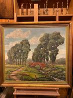 Olie op doek landschap met brugje en hoge bomen, Antiek en Kunst, Ophalen of Verzenden