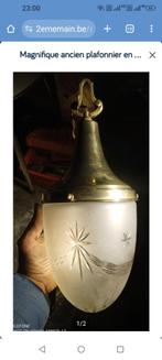 Prachtige plafondlamp in kristal en messing, zeer oud, Huis en Inrichting, Ophalen, Gebruikt, Glas
