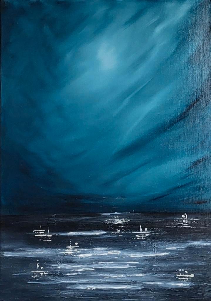 Olieverfschilderij „De maan komt op”, Antiek en Kunst, Kunst | Schilderijen | Modern, Ophalen