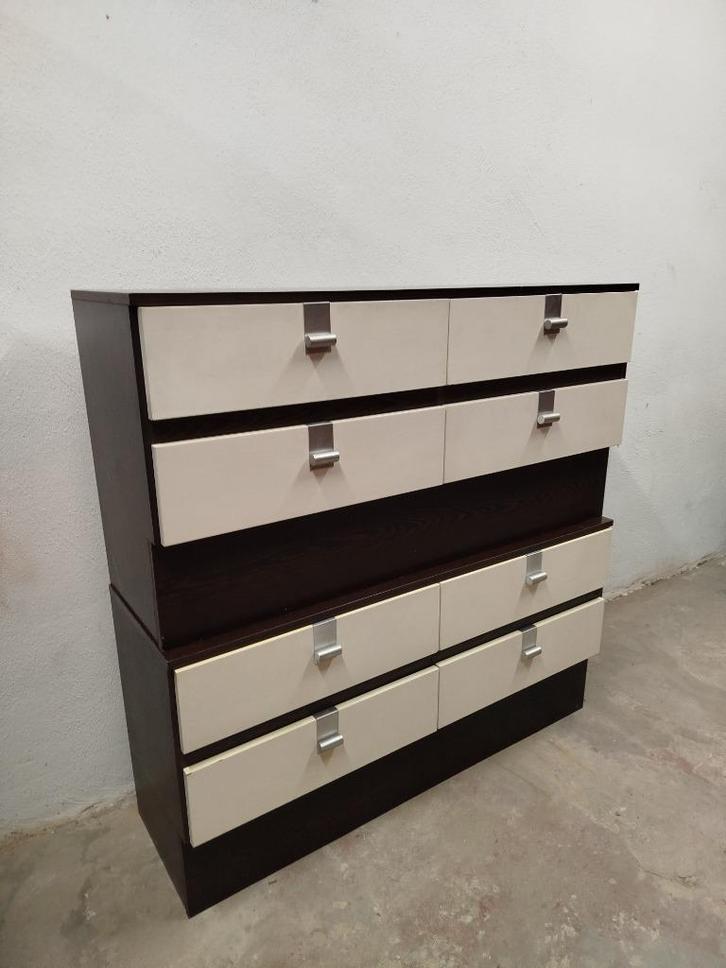 3x jaren'70 lage ladekast donkere eik fineer met witte front, Huis en Inrichting, Kasten | Ladekasten, Gebruikt, Minder dan 100 cm