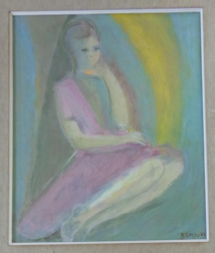 ANDRE GOEZU / ZITTENDE VROUW / OLIEVERF DOEK / 94x82cm KADER, Antiek en Kunst, Kunst | Schilderijen | Modern, Ophalen