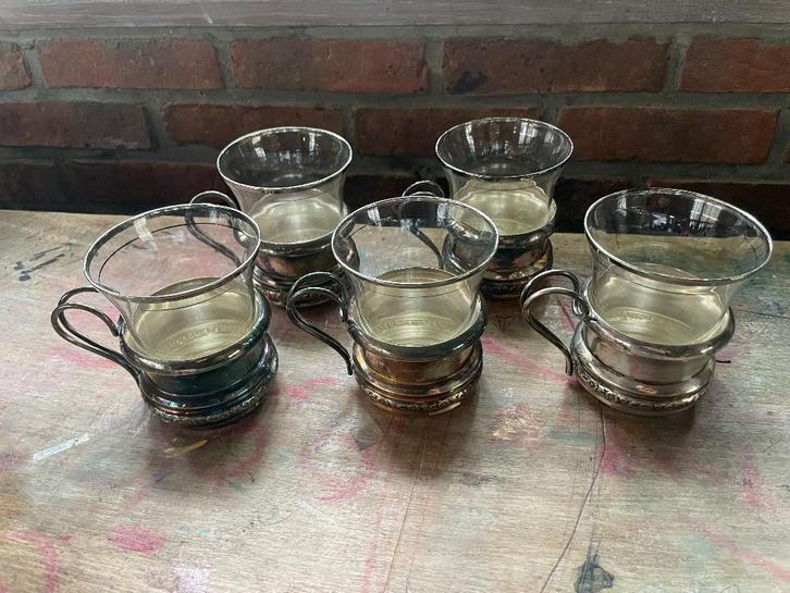 Antieke zilveren theeglashouders – set van 5, Handtassen en Accessoires, Antieke sieraden, Overige typen, Zilver, Ophalen of Verzenden