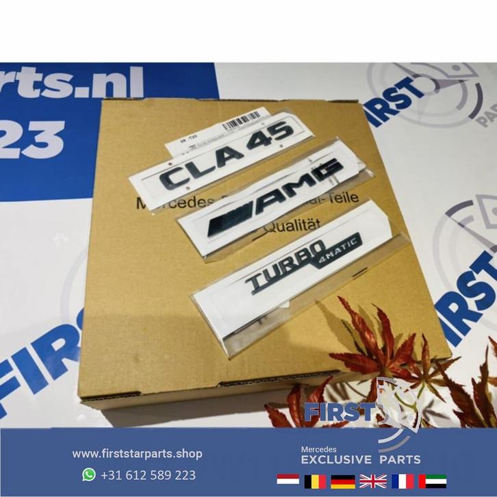 W118 Mercedes CLA KLASSE CLA45 S AMG LOGO SET ZWART EMBLEMEN, Auto-onderdelen, Carrosserie, Mercedes-Benz, Gebruikt, Ophalen of Verzenden