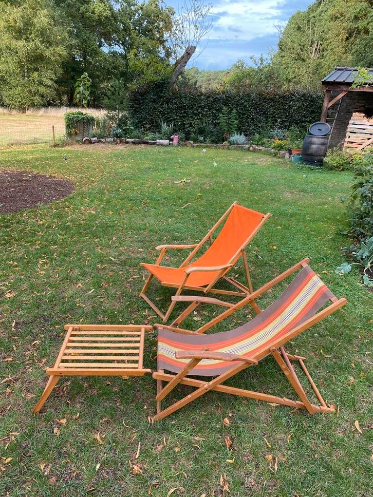 Jaren 70 houten strandstoelen ligbedden vintage, Tuin en Terras, Tuinstoelen, Zo goed als nieuw, Hout, Ophalen