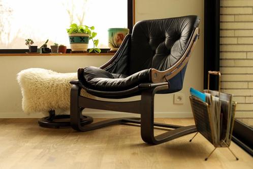 Vintage fauteuil ‘Kroken’ van Åke Fribytter voor Nelo Möbel, Huis en Inrichting, Fauteuils, Gebruikt, Hout, Leer, Stof, 50 tot 75 cm