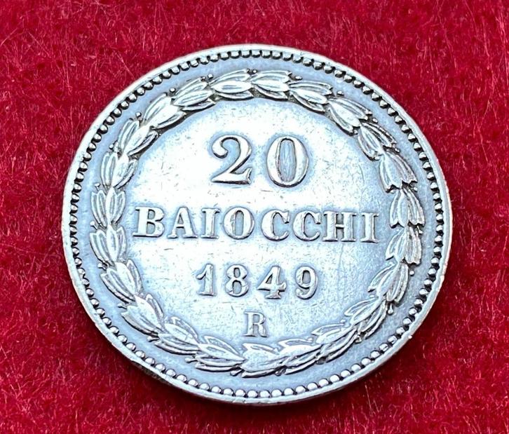 Zeldzame oude zilveren munt van 20 Baiocchi uit 1849 R, Antiek en Kunst, Antiek | Zilver en Goud, Zilver, Ophalen of Verzenden