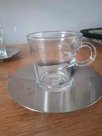 Nespresso glazen schoteltjes met 4 kopjes roestvrij staal, Ophalen of Verzenden, Overige stijlen, Kop(pen) en/of Schotel(s), Glas
