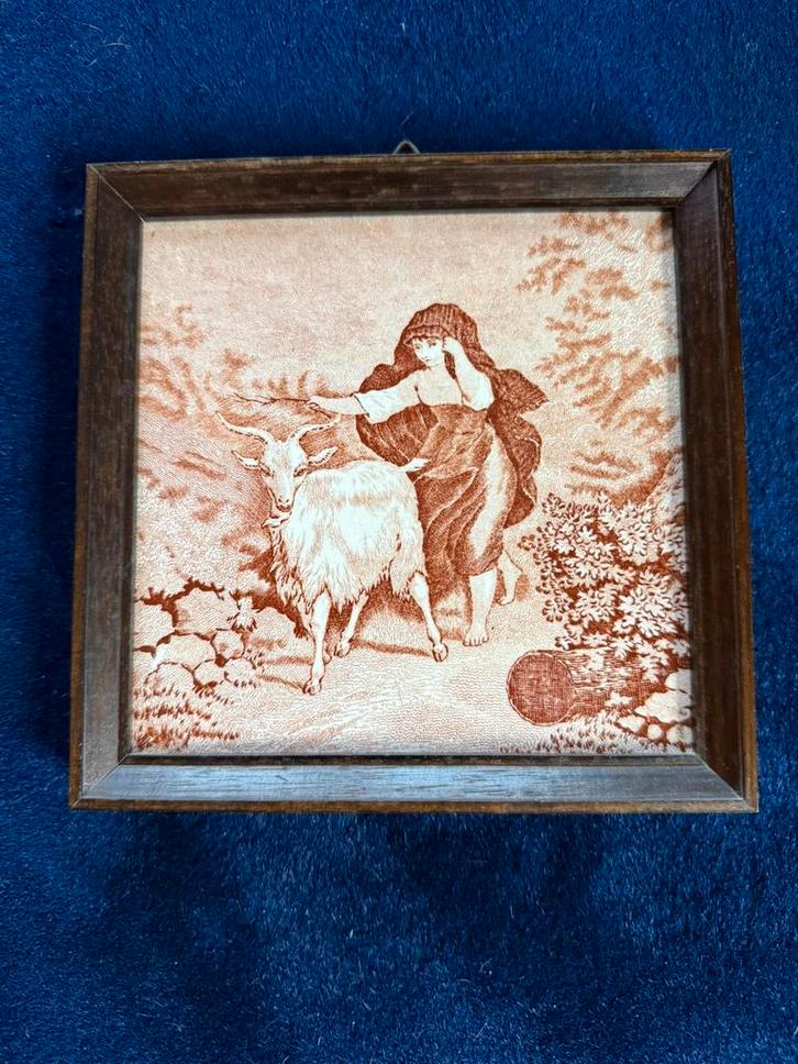 Zeldzame antieke tegel ingekaderd kind met geit 15x15cm, Antiek en Kunst, Antiek | Wandborden en Tegels, Ophalen