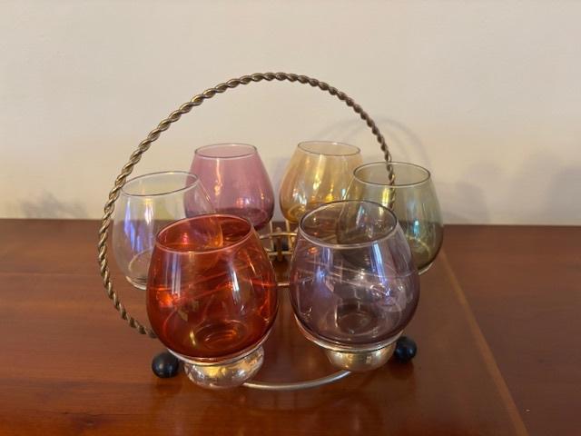 Vintage 6 gekleurde glazen “Laeken” in houder., Antiek en Kunst, Antiek | Glaswerk en Kristal, Ophalen