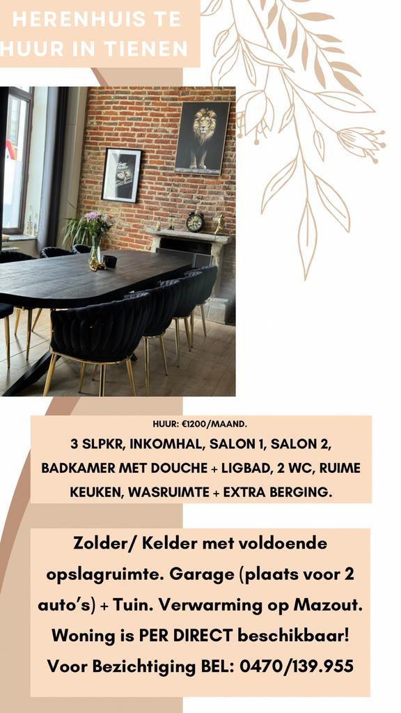 HERENHUIS TE HUUR IN CENTRUM VAN TIENEN €1200/ MAAND., Immo, Huizen te huur, Provincie Vlaams-Brabant, Overige soorten, Direct bij eigenaar