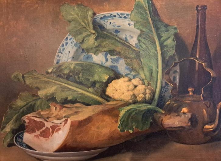 Warm stilleven met ham - 19e eeuw - H/T (H:83-L:102), Antiek en Kunst, Kunst | Schilderijen | Klassiek, Ophalen