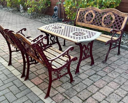 Tuinset in smeedijzer en hout tafel bank 2 stoelen, Jardin & Terrasse, Ensembles de jardin, Utilisé, Salons de jardin, 5 places