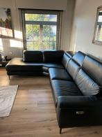 Zwarte lederen hoek salon met relax, Huis en Inrichting, Ophalen, Hoekbank, Leer, Zo goed als nieuw