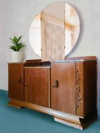 Art Deco kaptafel met driedelige ronde spiegel en marmerblad, Ophalen, Gebruikt, Vintage, artdeco, marmerrougebelge, 100 tot 150 cm