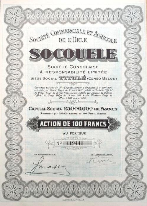 Société Commerciale et Agricole de L'Uele 1927, Timbres & Monnaies, Actions & Titres, Action, 1920 à 1950, Enlèvement ou Envoi