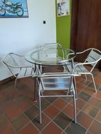 Tafel met blad in glas en 4 alu stoelen, Ophalen, Gebruikt, 100 tot 150 cm, Glas