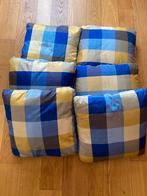 6 zijden blauwe met okergeel ruiten sierkussen, Ophalen, Zo goed als nieuw, Blauw, Vierkant