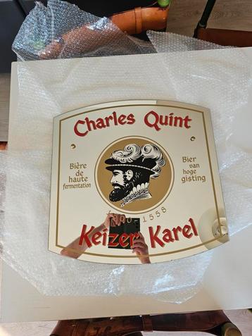 Keizer Karel bier reclame spiegel.  Afmetingen: 49 x 50 cm., Verzamelen, Biermerken, Ophalen of Verzenden, Zo goed als nieuw