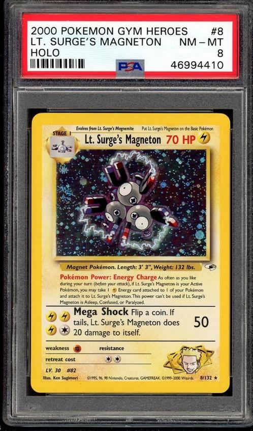 Lt. Surge's Magneton Holo PSA 8 - 8/132 - Gym Heroes 2000, Hobby en Vrije tijd, Verzamelkaartspellen | Pokémon, Zo goed als nieuw