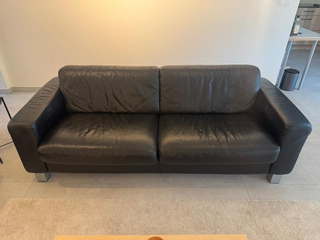 Zwarte lederen zetel (3-zit), Ophalen, Gebruikt, Driepersoons, Rechte bank