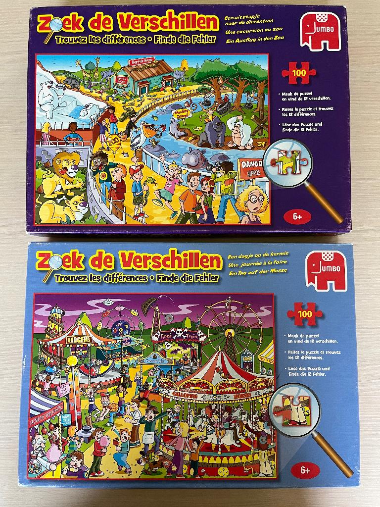 2x puzzels Jumbo ‘Zoek de verschillen’ - 100 stuks, Hobby en Vrije tijd, Ophalen of Verzenden, Minder dan 500 stukjes, Zo goed als nieuw