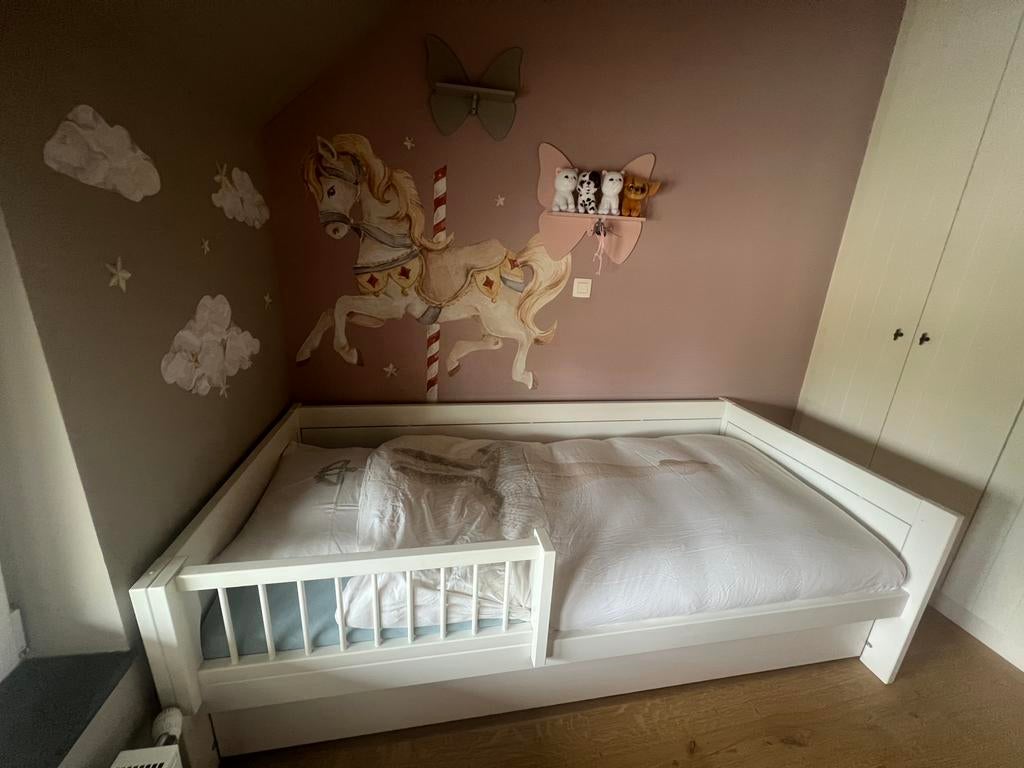 Kinderbed 90X200 met lade en hekjes, 180 cm ou plus, 85 à 100 cm, Comme neuf, Enlèvement