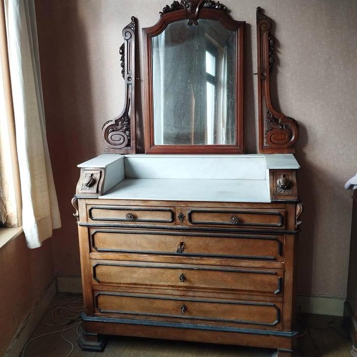 Commode ancienne coiffeuse, miroir, marbre blanc et bois, Antiek en Kunst, Antiek | Meubels | Kasten, Ophalen