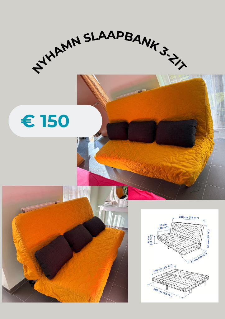 Slaapbank IKEA NYHAMN 3-zit, Ophalen, 150 tot 200 cm, Driepersoons, 75 tot 100 cm