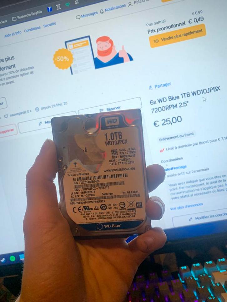 6x WD Blue 1TB WD10JPBX 7200RPM 2.5”, Computers en Software, Harde schijven, Refurbished, Laptop, Intern, HDD, SATA, Ophalen of Verzenden