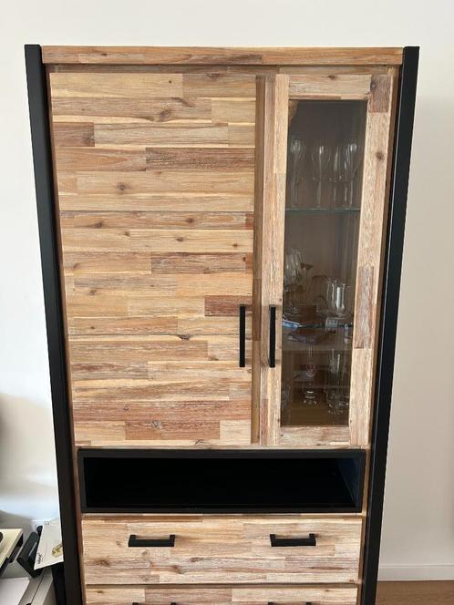 Industriële eetkamerset van hout en metaal - tafel + 6, Huis en Inrichting, Complete eetkamers, Zo goed als nieuw, 6 tot 8 stoelen