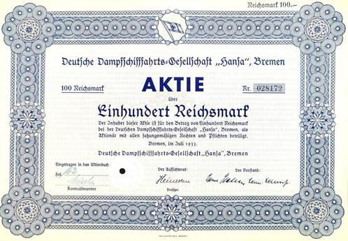 Deutsche Dampfschifffahrts-Gesellschaft HANSA 1933, Postzegels en Munten, Aandelen en Waardepapieren, Aandeel, 1920 tot 1950, Ophalen of Verzenden