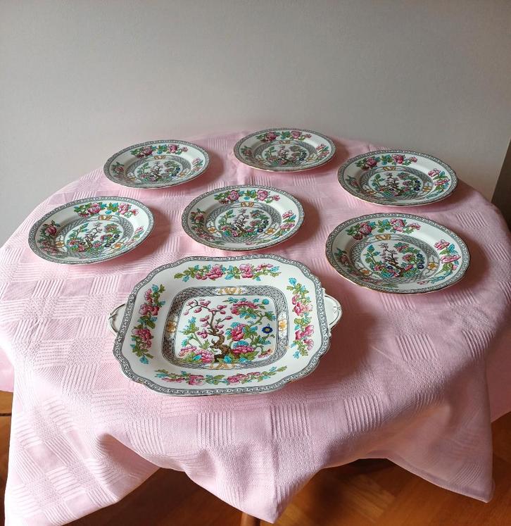 Vintage Aynsley Indian Tree gebaksbordjes plus cakeschaal, Antiek en Kunst, Antiek | Servies los, Ophalen of Verzenden
