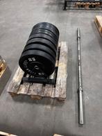 140kg Bumperplates + Barbell 220cm, 20kg en opbergrek, Sport en Fitness, Fitnessmaterialen, Ophalen, Gebruikt, Halterschijven