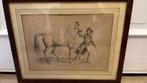 Lithographie gravure ancienne encre noire cheval à la main, Ophalen
